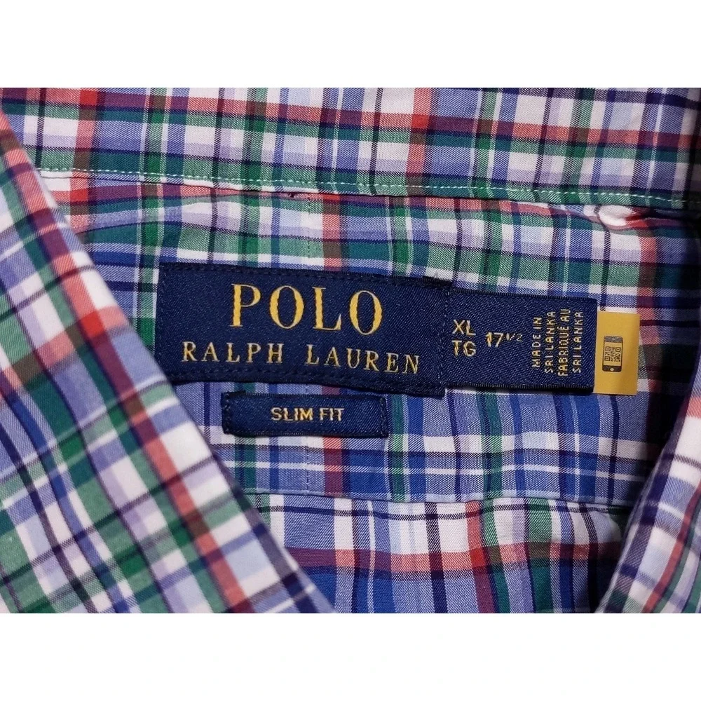 POLO RALPH LAUREN Long Sleeve Button Shirt Blue Green Red Plaid XL Slim‎ Fit